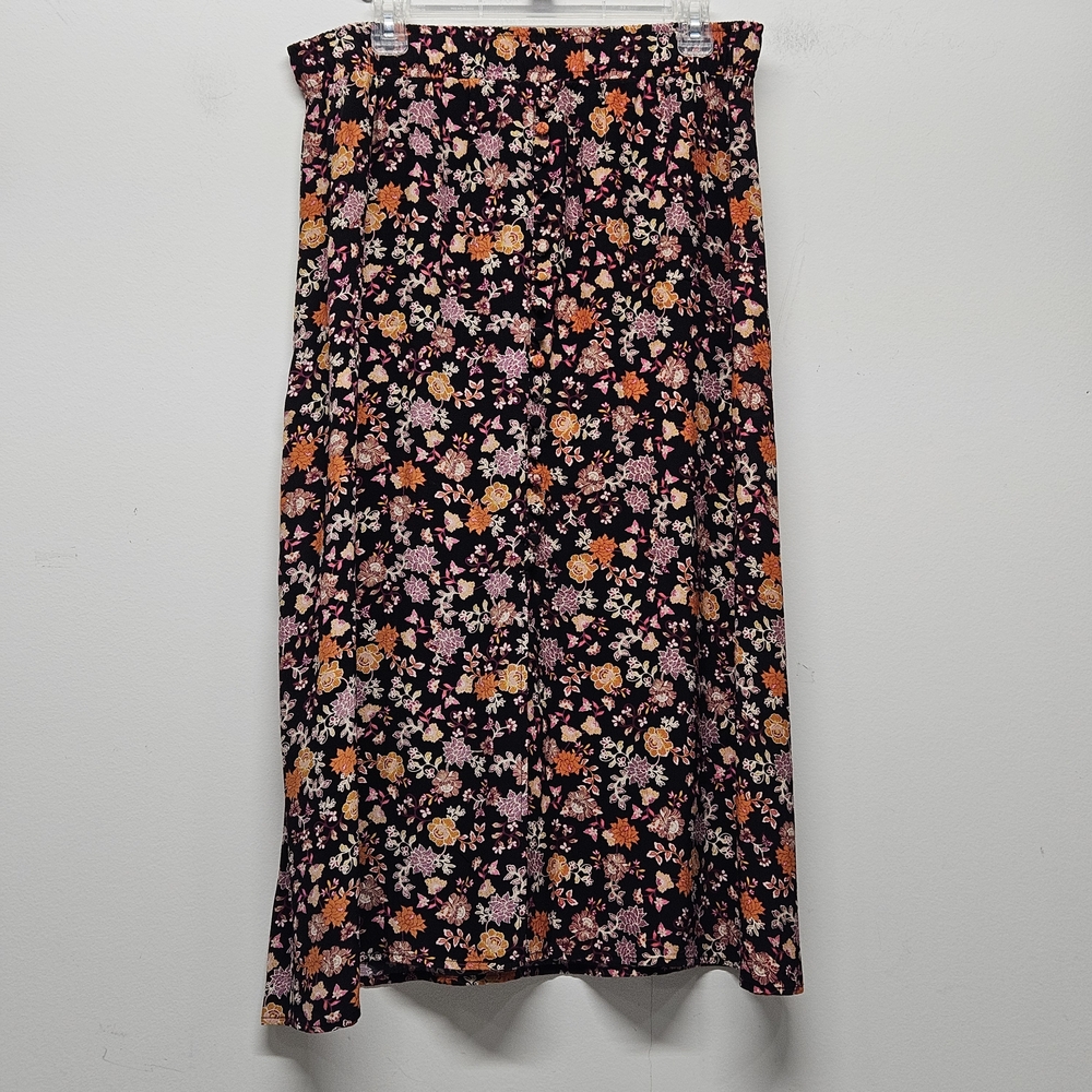 LOFT Dark Floral Midi Skirt Size M A Line Slit Side Whimsical HighWaist Romantic